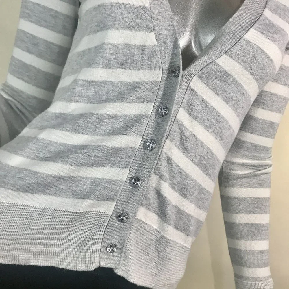 Express Women's XS Grey White Striped V Neck Cardigan Sweater Thin Knit Rhinesto